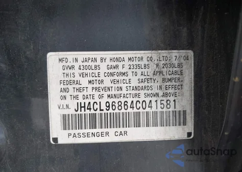 2004 Acura Tsx из США, поврежденный, VIN JH4CL96864C041581